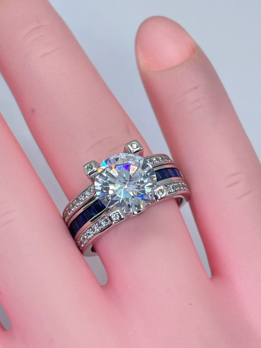 925 Sterling Silver Diamond Sapphire Bridal Wedding Ring Guard Set 5